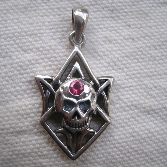 Peter Stone Jewelry - Sterling Silver Skull Shield - ruby garnet pendant
